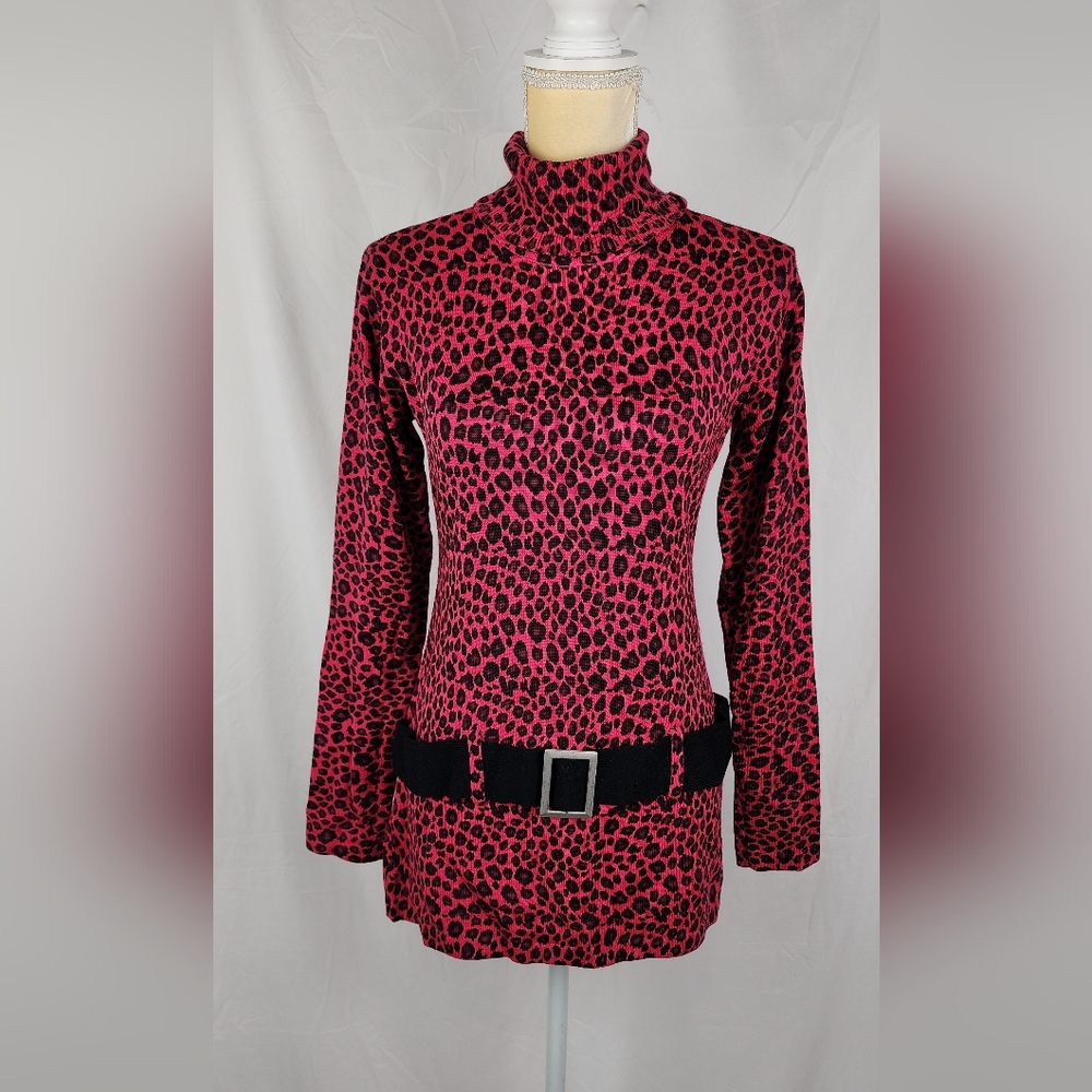 Obermeyer Wool Blend Pink Cheetah Printed Turtleneck Belted Women's Tunic sz M